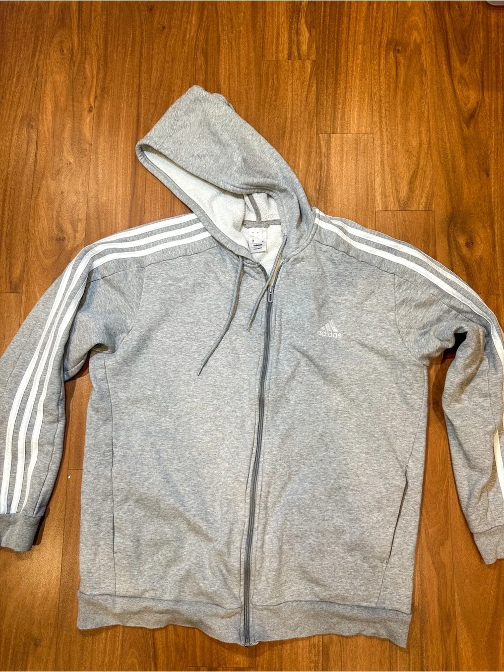 Adidas Hoodie Mens L Gray Full Zip Fleece Sweatshirt 3-Stripes Logo Active Top